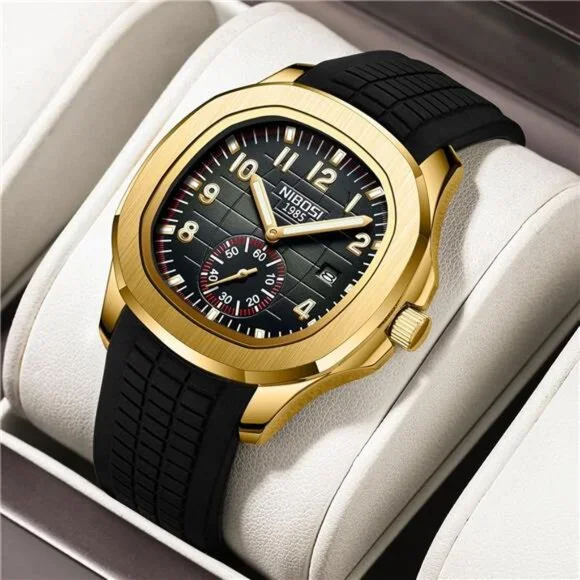 Mens Watches Analog Military Watch with Calendar Black Silicone Strap